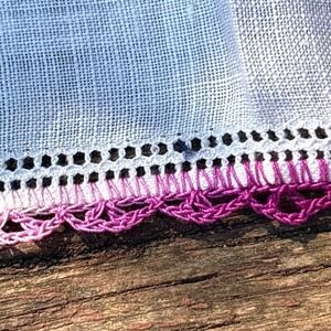 Vintage White Linen Handkerchief With Purple Crocheted Edge READ